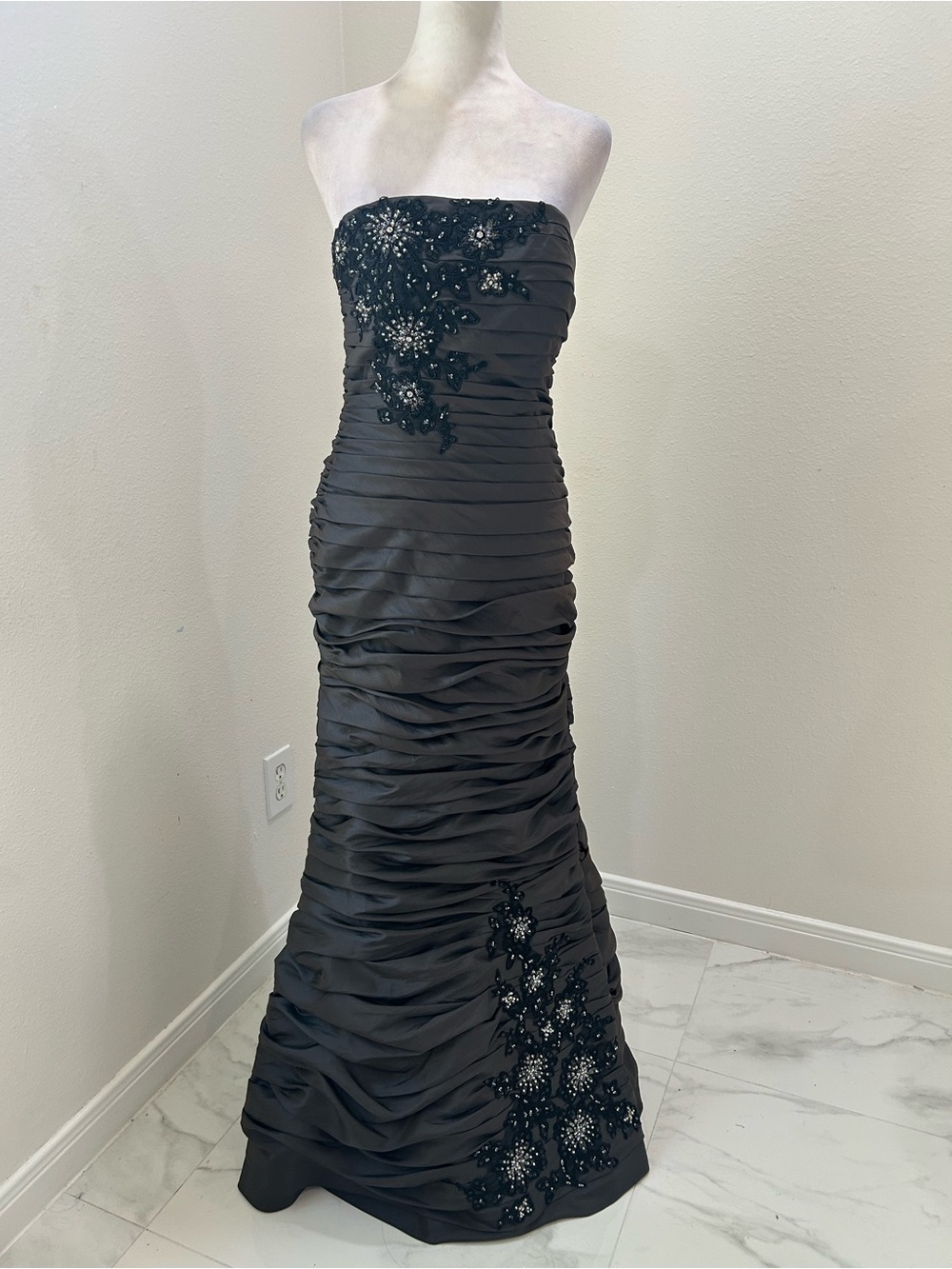 Camille La Vie Formal Strapless Ruched Evening Gown with Beaded Floral Applique